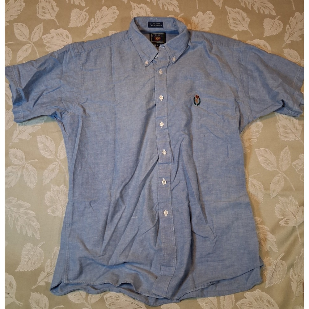Chaps Ralph Lauren Mens Blue Short Sleeve Button Down Shirt Crest Logo Large